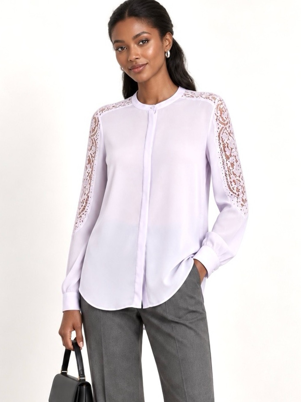 The Kooples Lace Trim Sleeve Collarless Button-Down Blouse Pale Lavender Small